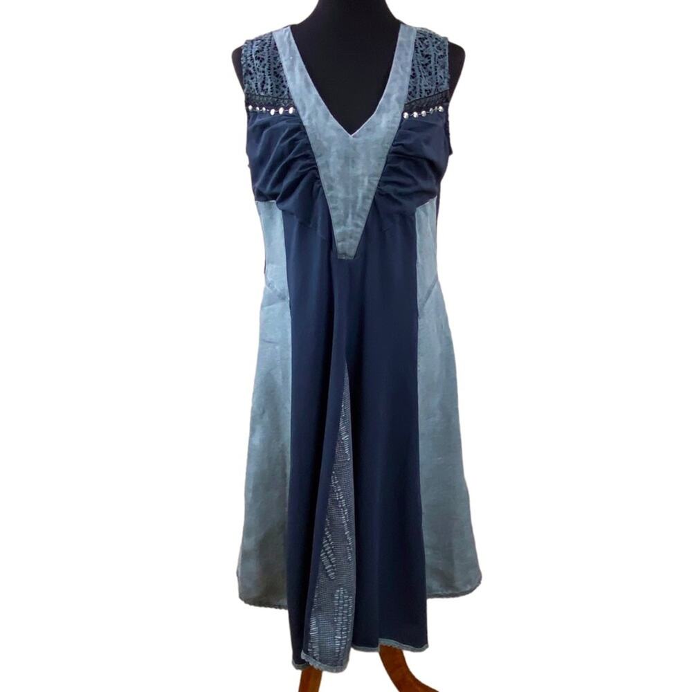Angels Never Die Womens Boho Mixed Media Midi Dress Size M/L Linen Lace Jersey